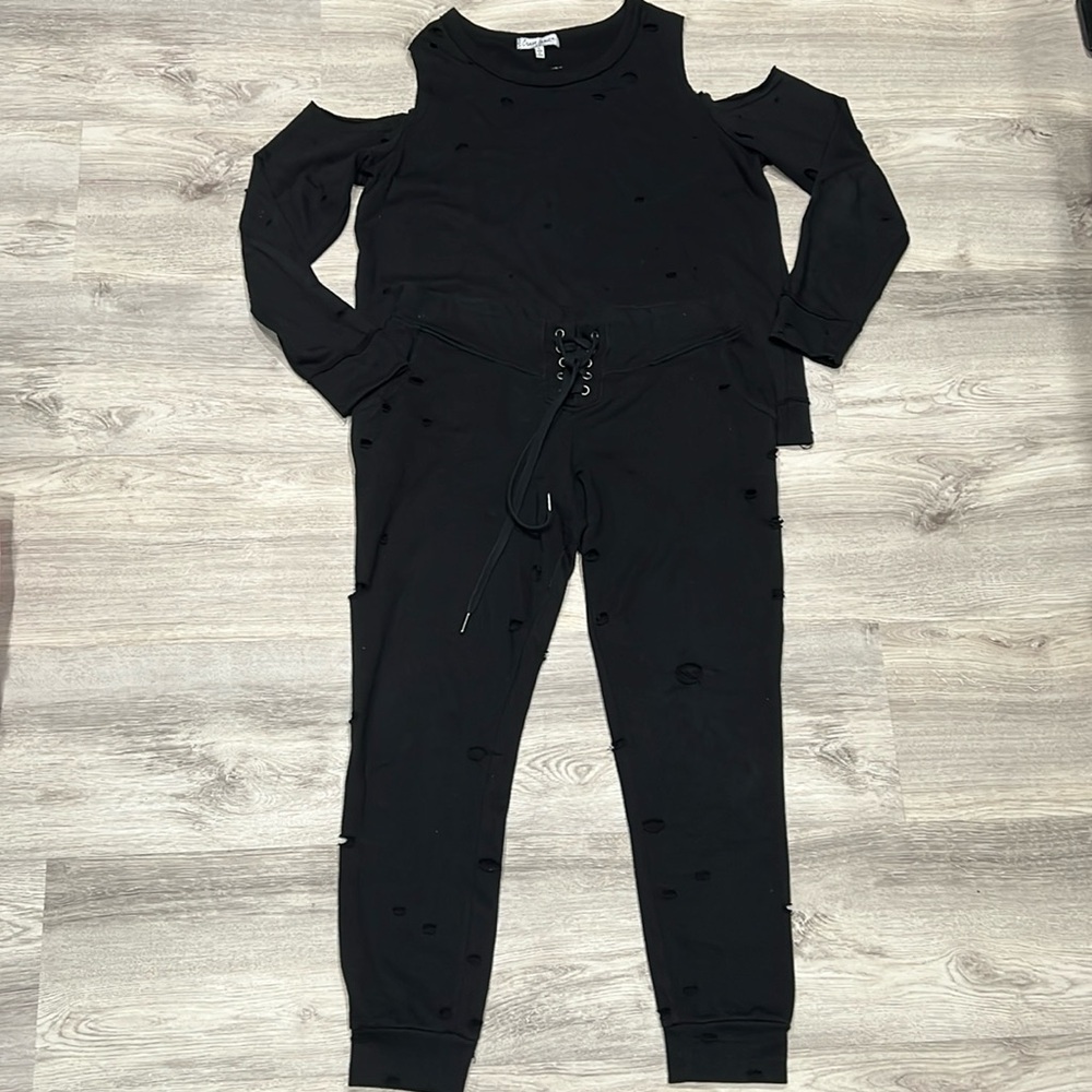 Women's CraveFame Distressed/Ripped Crewneck Open Should Sweatshirt & Sweatpants